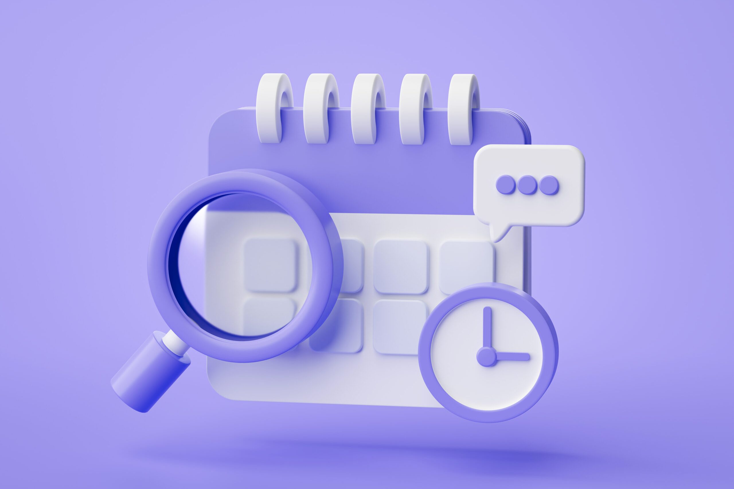 Purple calendar clock search icon reminder notification concept website ui on purple background 3d rendering illustration